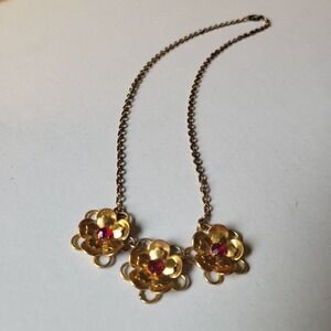 VTG Signed Adorna Gold Filled Floral Bib Necklace Women Gold Red Rhinestone
